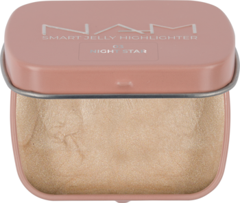 NAM Smart Jelly Highlighter Night Star, beżowy żel w otwartym, brązowo-różowym metalowym opakowaniu, widok z góry.
