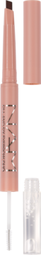 NAM Fill and Fix Eyebrow Duo, odcień 03 Deep Dark Brown, otwarta kredka i osobno tuba z żelem.