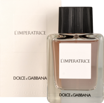 Dolce & Gabbana L'Imperatrice 3 woda toaletowa w szklanej butelce z bursztynowym płynem i ciemną nakrętką, widok z przodu.
