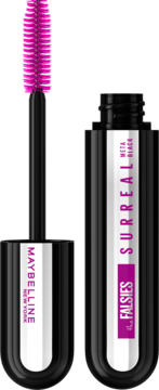 Otwarty tusz Maybelline The Falsies Surreal Mascara, czarna tubka i wyraźna różowa spiralna szczoteczka.