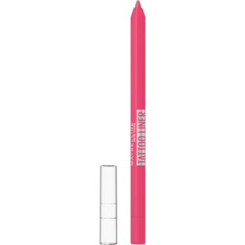 Różowa kredka Maybelline Tattoo Gel Liner Ultra Pink, stojąca pionowo z białą nasadką obok.