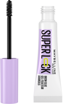 Bezbarwny żel do brwi Maybelline Superlock Brow Glue: biała tuba i precyzyjna szczoteczka, widok z przodu.