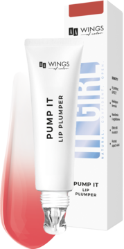 Biały PUMP IT Lip Plumper AA Wings of Color w tubce z widocznym rollerball, obok jego pudełko.