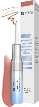 WINGS Mix It Lip Combo 2 w 1, srebrny aplikator z brązową konturówką, obok białego pudełka z nazwą.