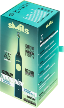 Turkusowe pudełko VITAMMY Smils szczoteczki sonicznej 82000 ruchów, z czarną szczoteczką, widok pod kątem.