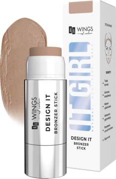Bronzer w sztyfcie AA Design It, odcień Milky Chocolate, z opakowaniem i matowym swatchem koloru.