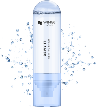 Utrwalacz makijażu Dewy It Setting Spray w przezroczystej butelce, widok z przodu, zapewnia efekt glow.