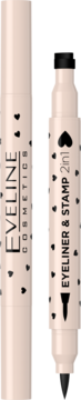Eveline Cosmetics 2w1 eyeliner i stempel serce, beżowy pisak z czarnymi sercami, pionowo na czarnym tle.
