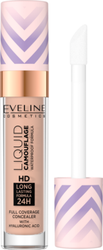Eveline Liquid Camouflage HD korektor w płynie medium beige. Butelka z aplikatorem, różowo-fioletowa zakrętka w paski.