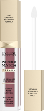 Eveline Wonder Match, różowa matowa pomadka w płynie kiss-proof, w otwartym opakowaniu.
