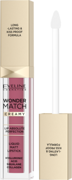 Eveline Wonder Match Creamy, różowa płynna matowa pomadka o formule "Kiss Proof", widok z przodu.