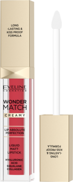 Eveline Wonder Match Creamy Liquid Matt Lipstick z formułą kiss-proof, pionowy widok z rozłożonym opakowaniem.