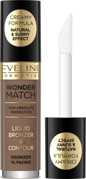 Eveline Wonder Match Liquid Bronzer & Contour in clear bottle, black cap, gold details, and white applicator.