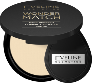 Eveline Wonder Match SPF 30, puder matujący Light Beige w otwartym czarnym kompakcie z gąbeczką.