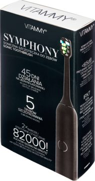 Opakowanie czarnej sonicznej szczoteczki Vitammy Symphony z baterią 45 dni i 82000 ruchów, widok z przodu.