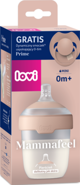 Butelka Lovi Mammafeel 0m+ z dynamicznym smoczkiem i gratisowym smoczkiem Prime, w beżowym opakowaniu.