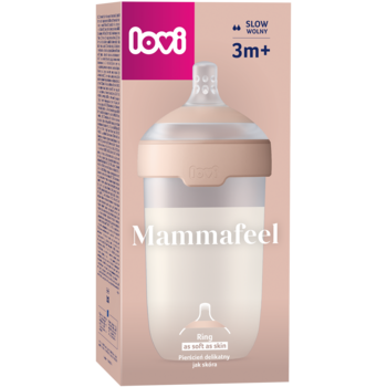 Butelka LOVI Mammafeel 250ml, beżowa, w kartonowym opakowaniu 3m+, widok z przodu, imitująca pierś mamy.