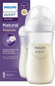 Philips Avent Natural Response butelka dla niemowląt, biała, z mlekiem, na fioletowym tle opakowania.