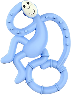 Jasnoniebieski silikonowy gryzak Matchstick Monkey w kształcie wesołej małpki z wypustkami, widok z przodu.