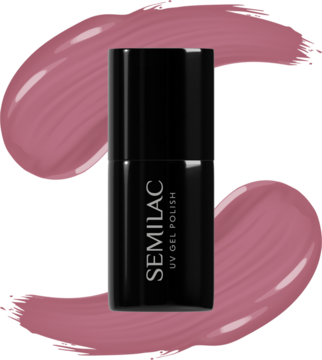 Czarna butelka Semilac UV Gel Polish 471 Garden Soirée, ciemny róż, na pasującym swatchu.