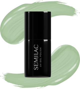 Czarna butelka lakieru Semilac 473 Picnic Soirée, miętowy UV Gel Polish, widok z przodu na zielonym tle.