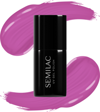 Lakier hybrydowy Semilac 601 Neon Pink Punch w czarnej butelce, na tle intensywnej różowej smugi.