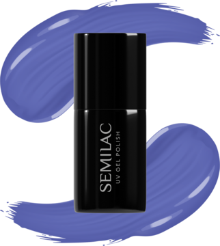 Lakier UV Gel Polish Semilac 602 dark blue, czarna butelka z etykietą, widok z przodu na tle lakieru.