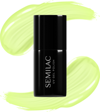 Semilac UV gel polish 604 Luminous Lemon w czarnej butelce, na tle rozmytych cytrynowych smug.