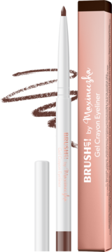 Żelowa kredka do oczu Brush UP! by Maxineczka w odcieniu Dark Brown, obok pionowego brązowo-beżowego opakowania.