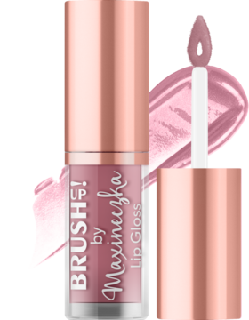 Różowy błyszczyk Brush UP! by Maxineczka 01 Pink Nude, otwarty z aplikatorem i smugą koloru.