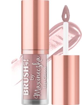 Beżowy błyszczyk Brush UP! by Maxineczka 02 Beige Nude w tubce z aplikatorem i smużką obok.