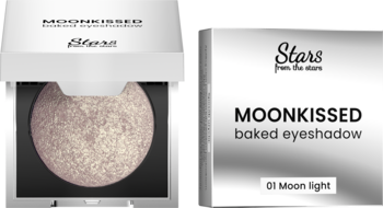 Stars MOONKISSED brokatowy baked eyeshadow 01 Moon light w otwartym kompakcie i opakowaniu.