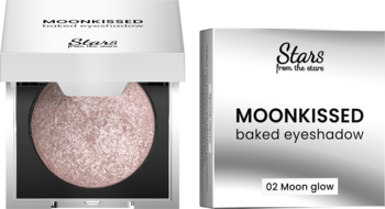 Otwarty szampański cień MOONKISSED 02 Moon glow w okrągłej formie, obok jego białe pudełko.