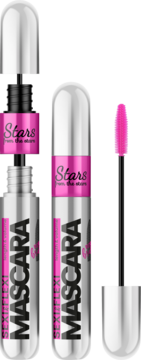 Stars from the Stars Sexi&Flexi Mascara w srebrnej tubce, obok otwarta z wysuniętą różową szczoteczką.