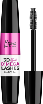 Otwarty czarny tusz Stars from the Stars O!mega Lashes 3D effect, z różowo-białą etykietą i szczoteczką.
