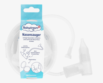 Babydream Nasensauger, manualny aspirator do nosa z niebieskim opakowaniem i przezroczystymi rurkami, widok z przodu.