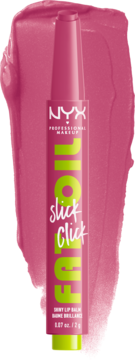 Różowy balsam do ust NYX Fat Oil Slick Click DM Me w sztyfcie, z jaskrawozielonym napisem, na tle smugi.