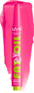 NYX Fat Oil Slick Click balsam do ust w neonowej różowej tubce z zielonym napisem, widok z przodu.