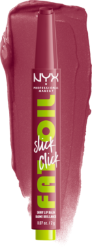 NYX Fat Oil Slick Click, ciemnoróżowy błyszczący balsam do ust That's Major, pionowo na smudze koloru.