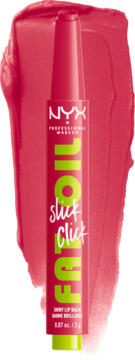 Różowy balsam NYX Fat Oil Slick Click w sztyfcie z neonowymi napisami, na tle swatche w tym samym kolorze.