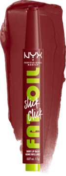 Błyszczący balsam do ust NYX Fat Oil Slick Click, odcień In a Mood, brązowy sztyft ze smugą produktu.