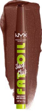 NYX Fat Oil Slick Click balsam do ust w odcieniu brązowym Trending Topic, pionowo na błyszczącym swatchu.