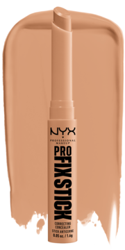 Beżowy korektor NYX Pro Fix Stick 09 neutral tan, z otwartym sztyftem i smugą produktu na tle.