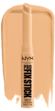 NYX Pro Fix Stick korektor w sztyfcie nr 07 soft beige, na tle swatcha. Widoczny wysunięty produkt.