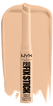 NYX Pro Fix Stick 05 Vanilla, beżowy korektor w sztyfcie, na jasnobeżowej próbce koloru, widok z przodu.