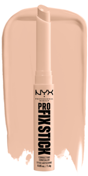 NYX Pro Fix Correcting Stick 04 light, beżowy korektor w sztyfcie, widok z przodu z aplikatorem i smugą.