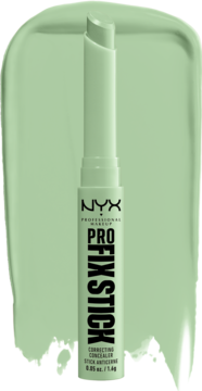 NYX Pro Fix Stick 01 green, zielony korektor w sztyfcie, stojący na tle zielonej smugi.