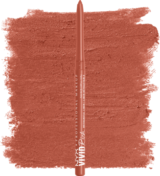 Automatyczna kredka NYX Vivid Rich 03 Tiger's Prize, pomarańczowa, z kremowym swatch'em obok.