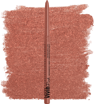 NYX automatyczna kredka do oczu Vivid Rich, metaliczny różowo-brąz, ułożona pionowo na tle swatcha.