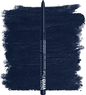 Ciemnoniebieska automatyczna kredka NYX Vivid Rich na tle intensywnej próbki koloru sapphire bling.